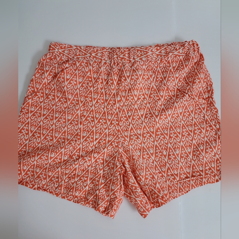LINEN BLEND BY HESTER & ORCHARD Orange and White Patterned Shorts Elastic Waist